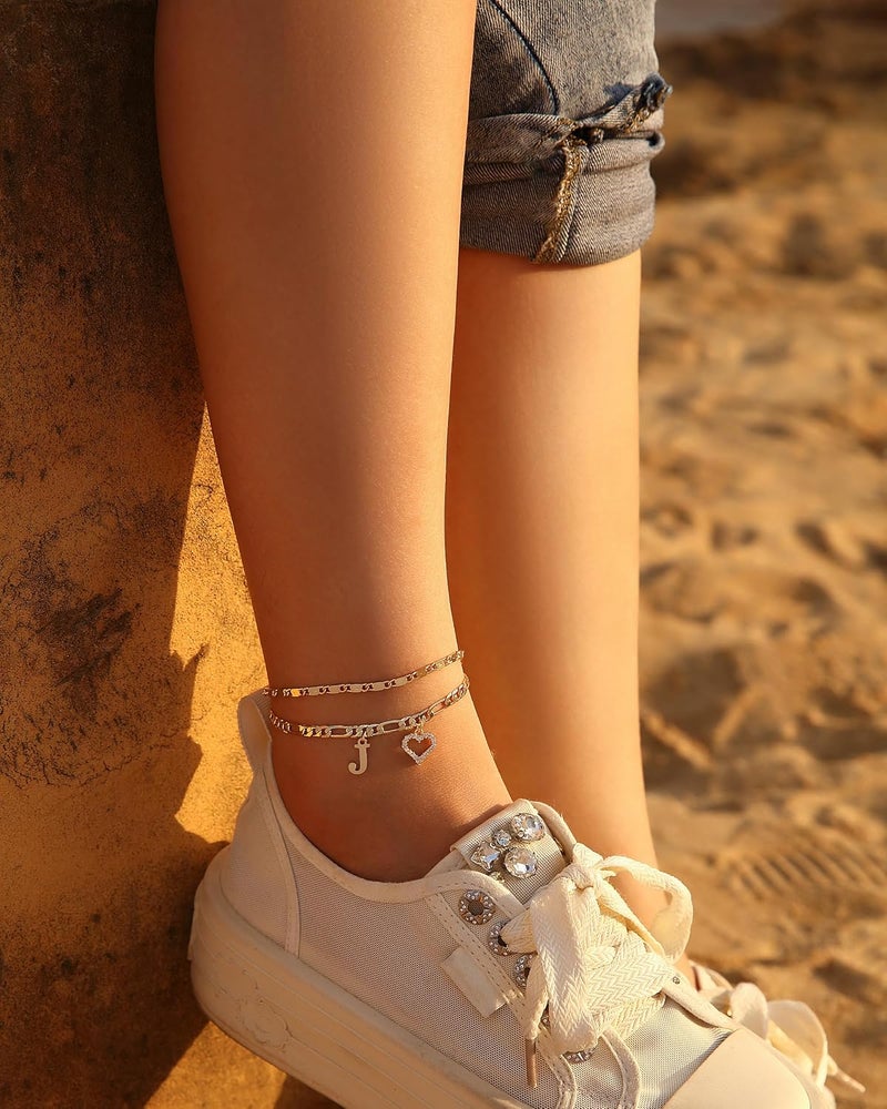Wremily Initial Ankle Bracelets for Women Waterproof 14K Gold Plated Dainty Layered Figaro Chain Letter Initial CZ Heart Ankle Bracelets Set Summer Beach Jewelry for Women - Image 4